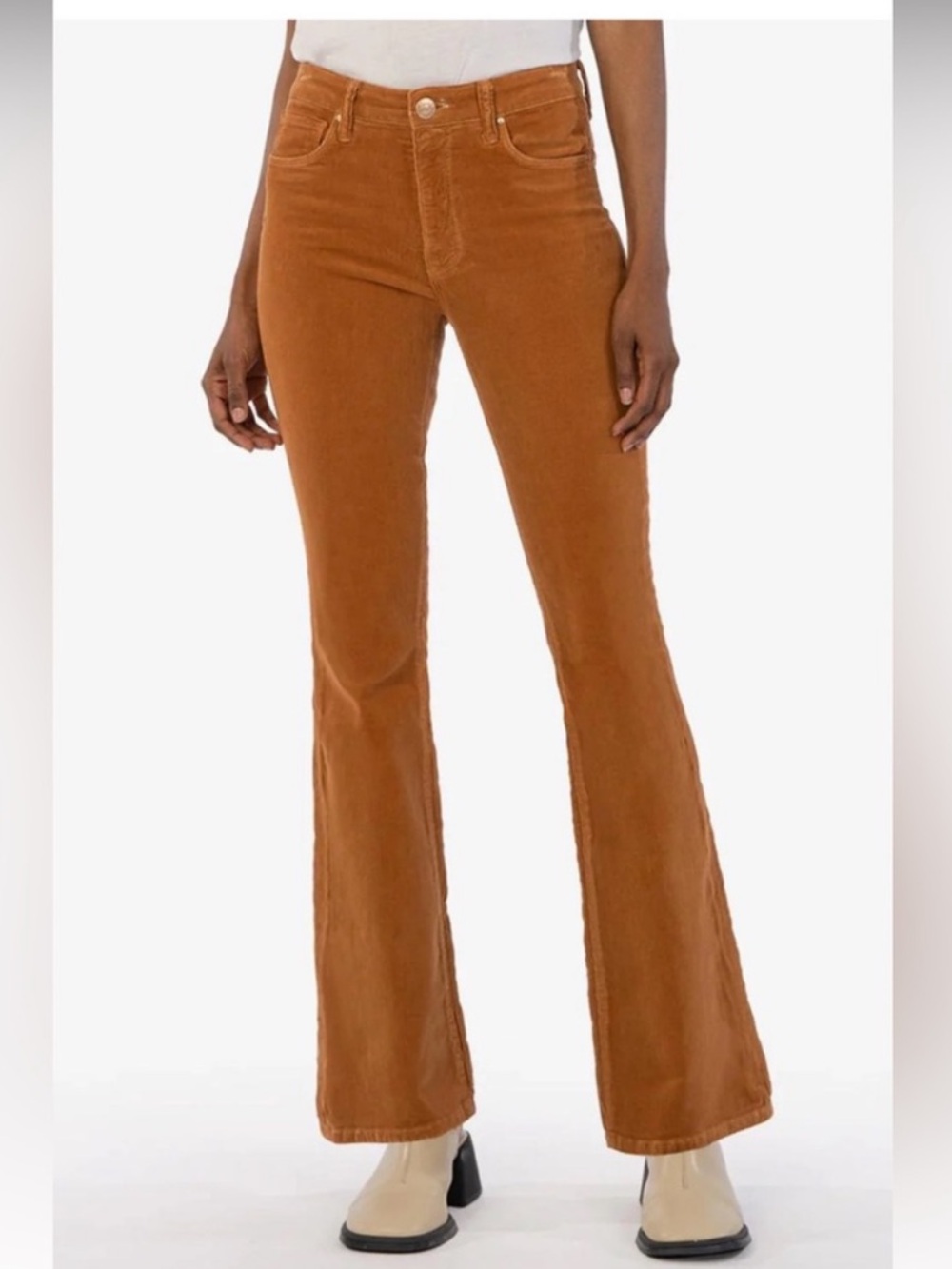 Kut from the Kloth Ana high rise fab ab flare corduroy pants in butterscotch